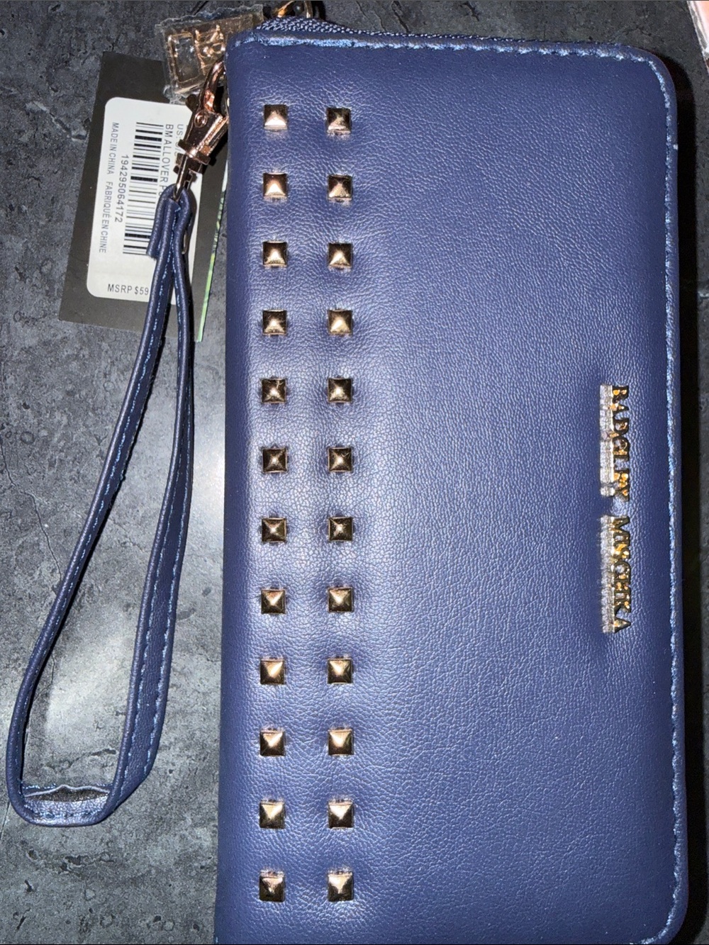 Badgley Mischka Blue Wristlet Wallet with Gold Stud Accents